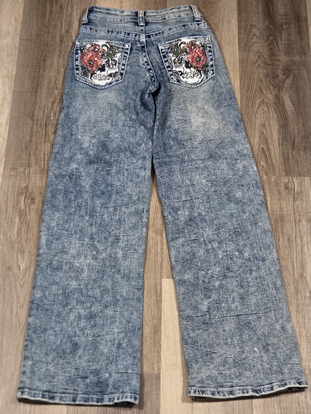 Telpatia Women's Mid Rise Wide Leg Jeans Skull Embroidered Bootcut 0/24
